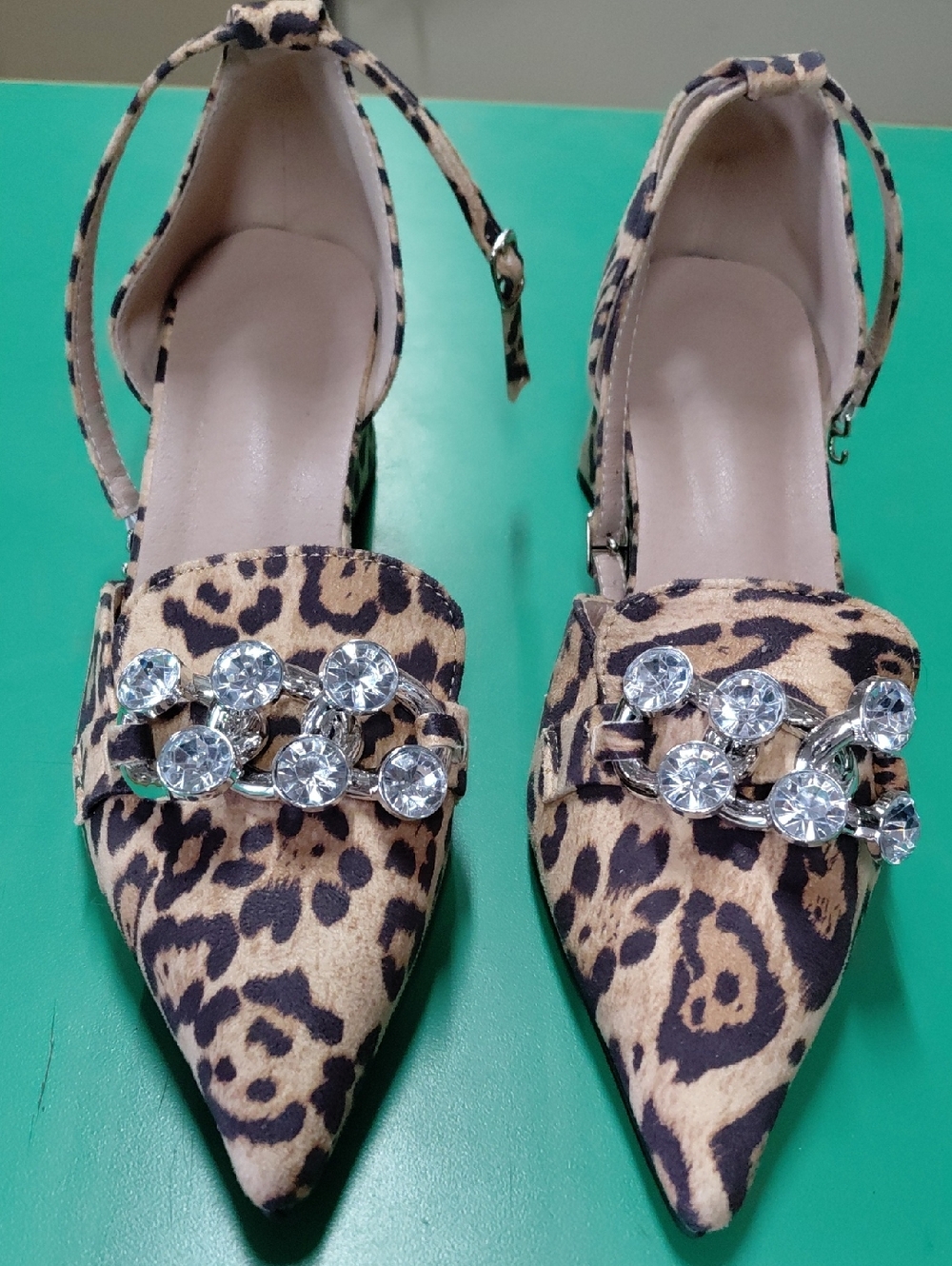 Leopard Print Pointed Toe Slingback Heels with Crystal Chain Accent